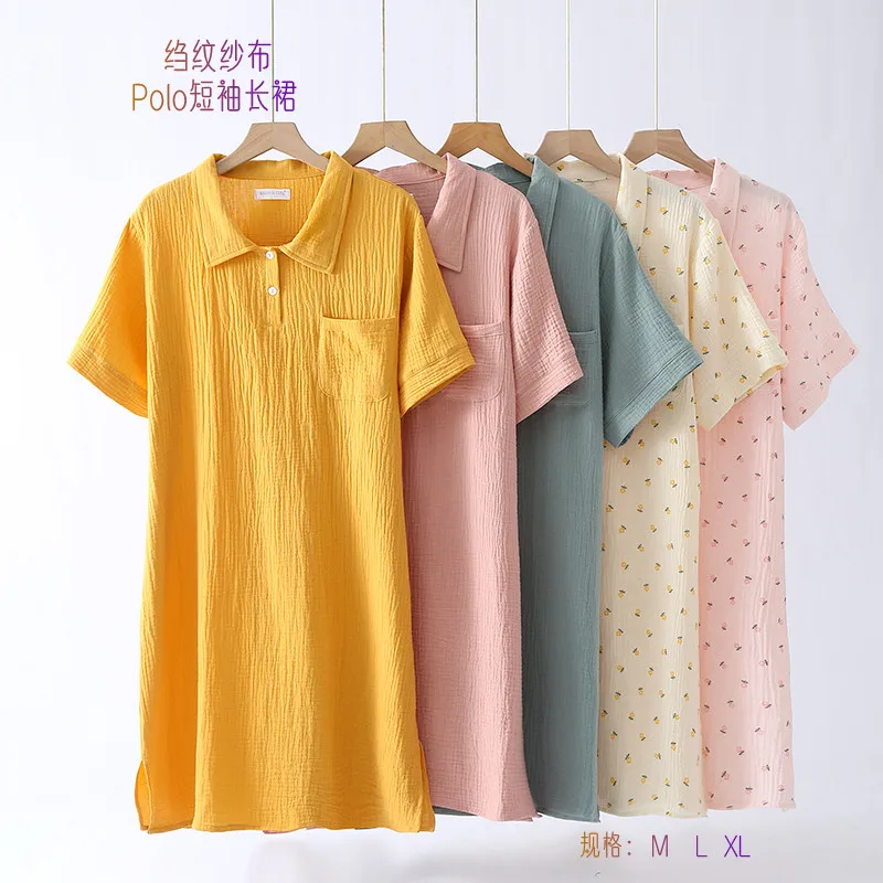 2023 Summer New Women's Sleeping Dress 100% Cotton Crepe Short Sleeve Polo Dress Women's Button Home Casual Dress Nightgown