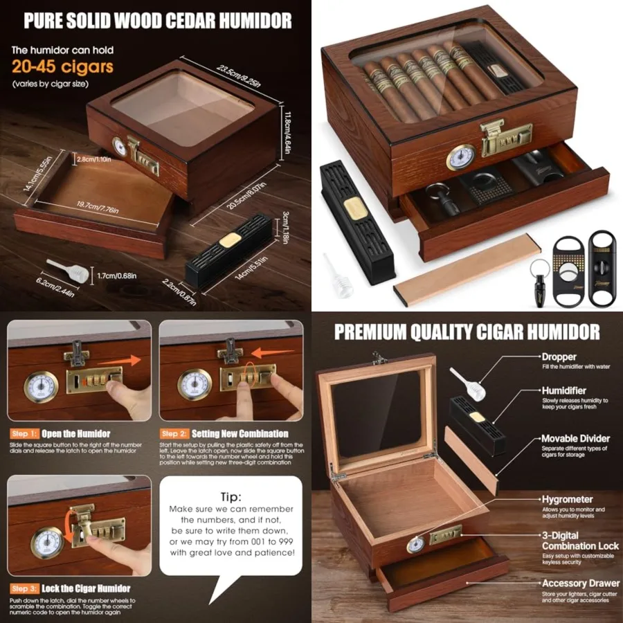 

Tesonway Cigar Humidor, Cedar Wood Humidor Cigar Box, Glass Top Desktop Humidor with Front Hygrometer, Humidifier, Divider, Acc