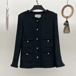 Women High Quality Small Fragrant Black Wool Blended Tweed Coat Classic French Casual Jbasic Office Lady Casual Long Sleeve Coat