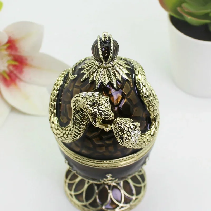 Enamelled Metal Easter Egg Jewerly Box Hand Painted with Snake Animal Hing Trinket Box Collectible Home Decor