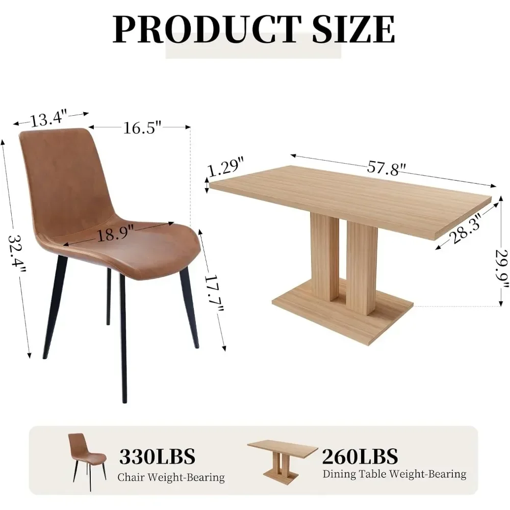 Conjunto de mesa de jantar retangular de 7 peças de cozinha moderna de 58 polegadas, adequado para restaurantes (mesa de jantar + 6 cadeiras marrons)