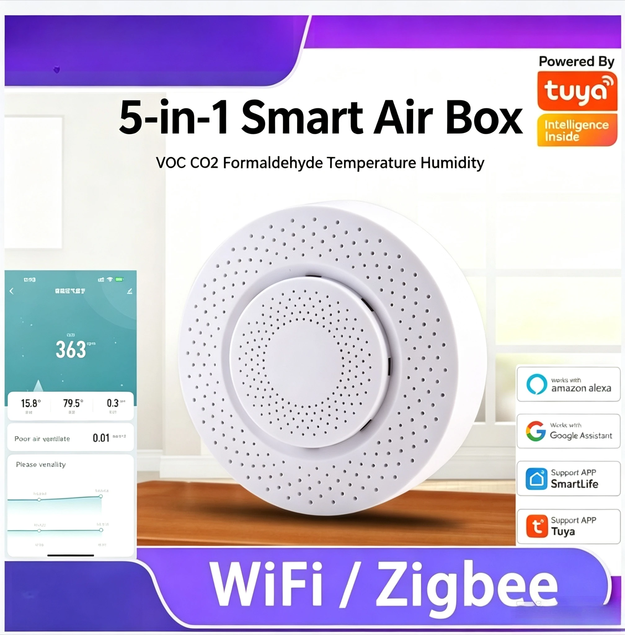WiFi smart air box ZigBee formaldehyde VOC temperature and humidity CO2 gas detector
