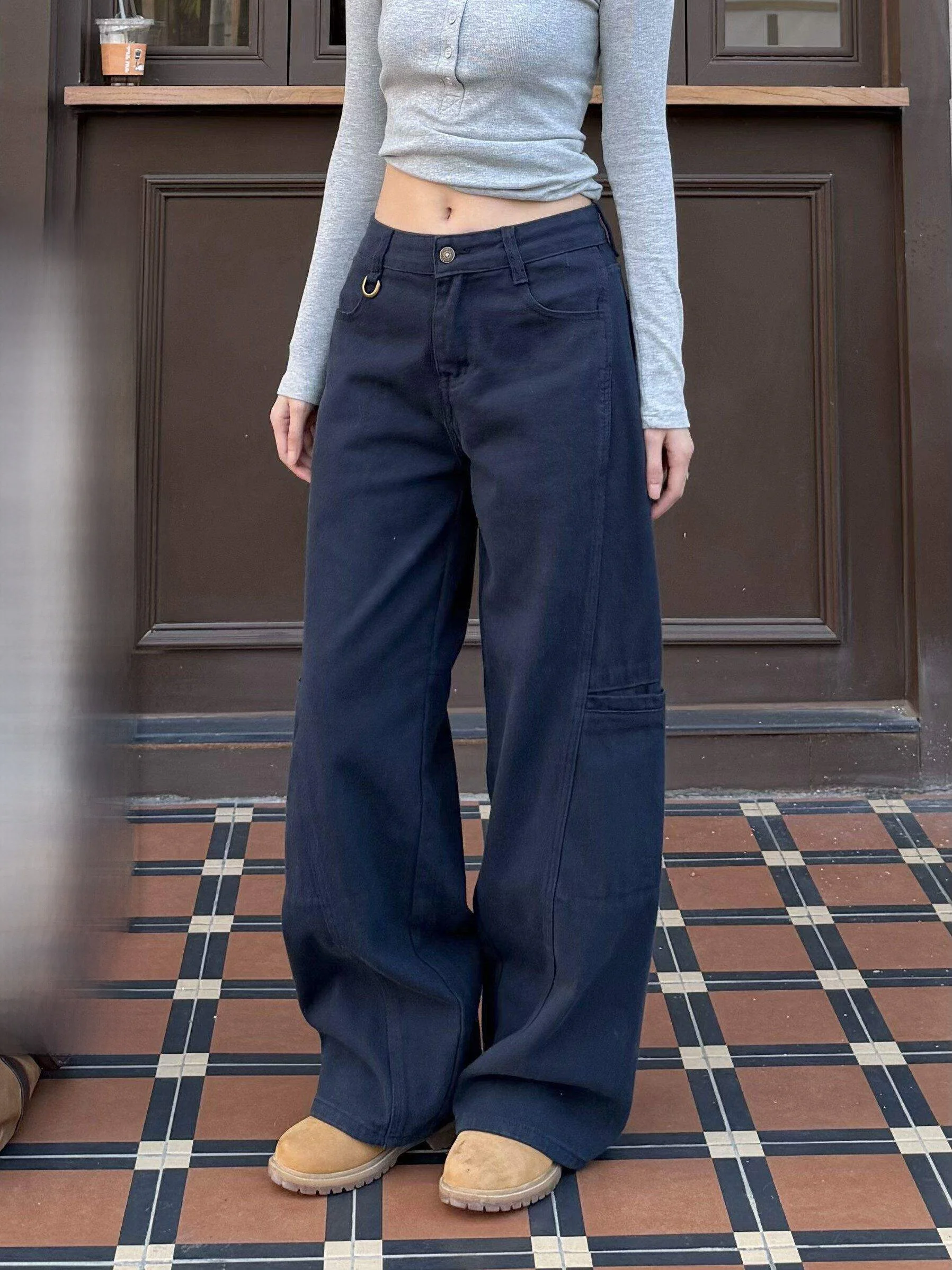

XFX American Retro Loose Deconstructed Wide Leg Work Pants Women High Street CleanFit Small ence Long Pants Casual Cotton