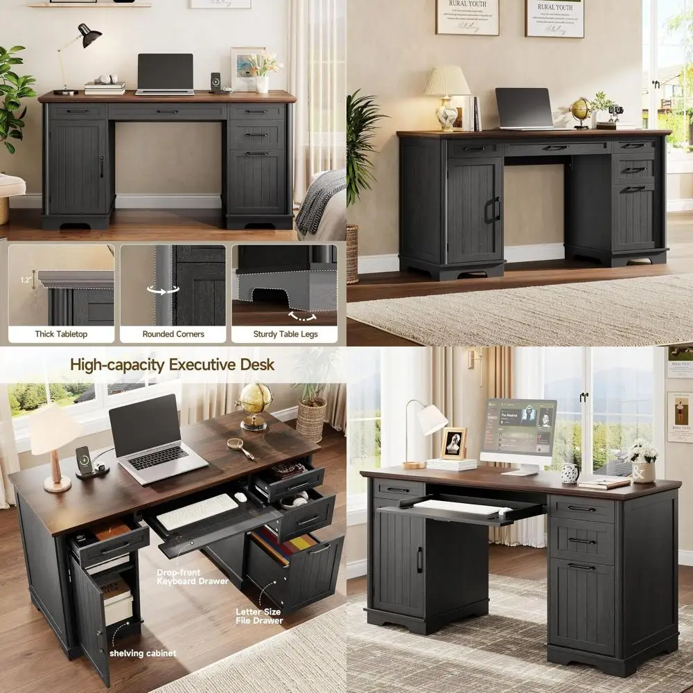 Elegant 56 Inch Executive Desk with Charging Station