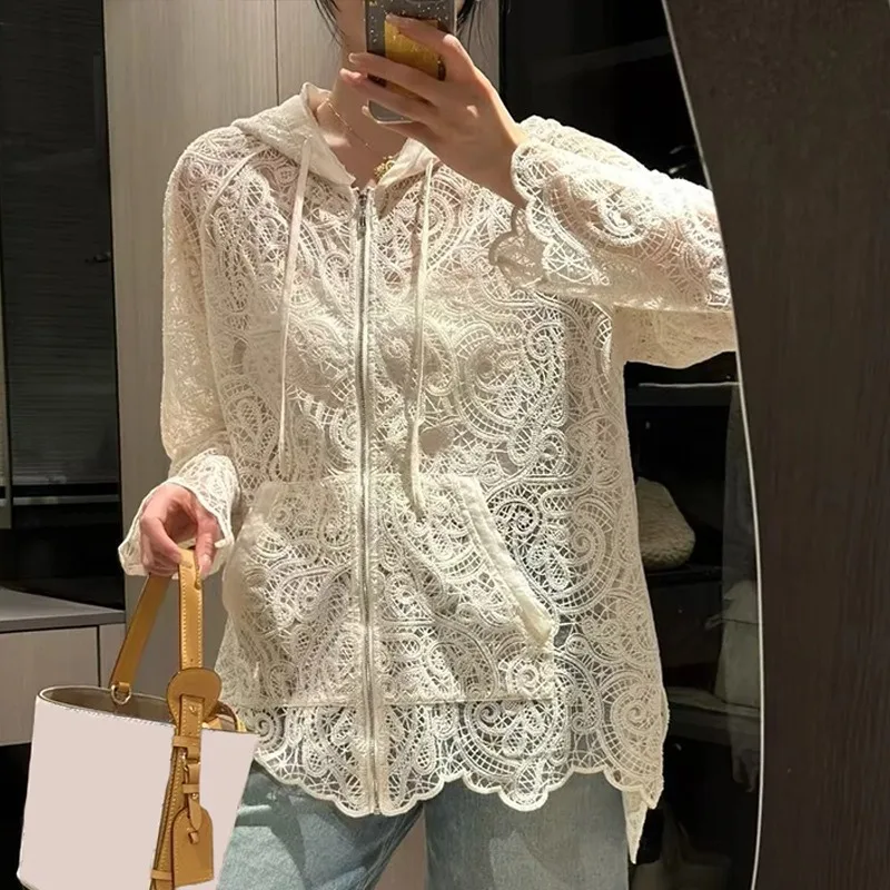 

Women Lace Hollow Out Hooded Coats 2025 Summer Female Casual Loose Outerwear Solid Color Ladies Fashion Long Sleeve Jackets