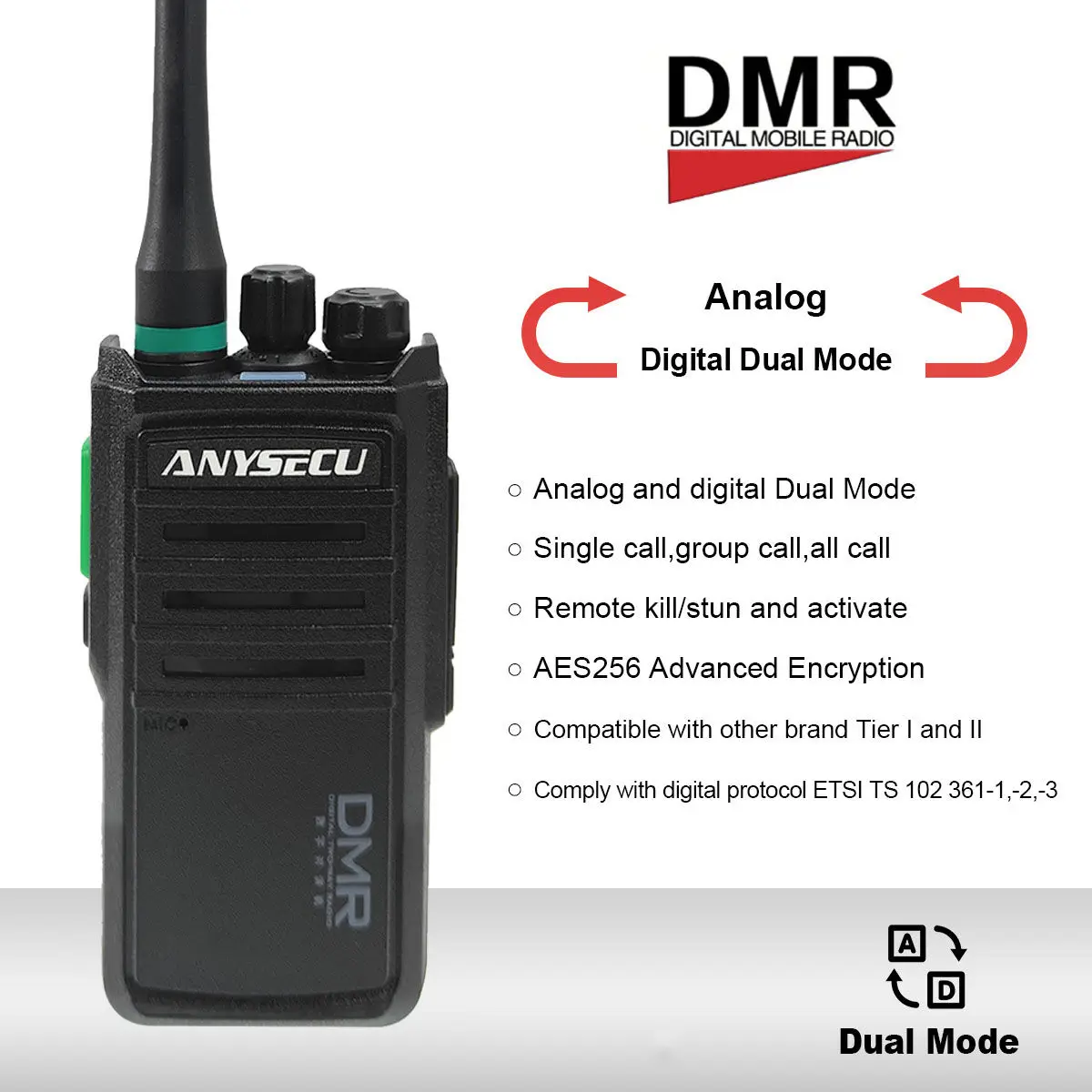 ANYSECU DM-A6 AES256 Encryption DMR Digital Radio 5W UHF 400-470MHz Portable Walkie Talkie