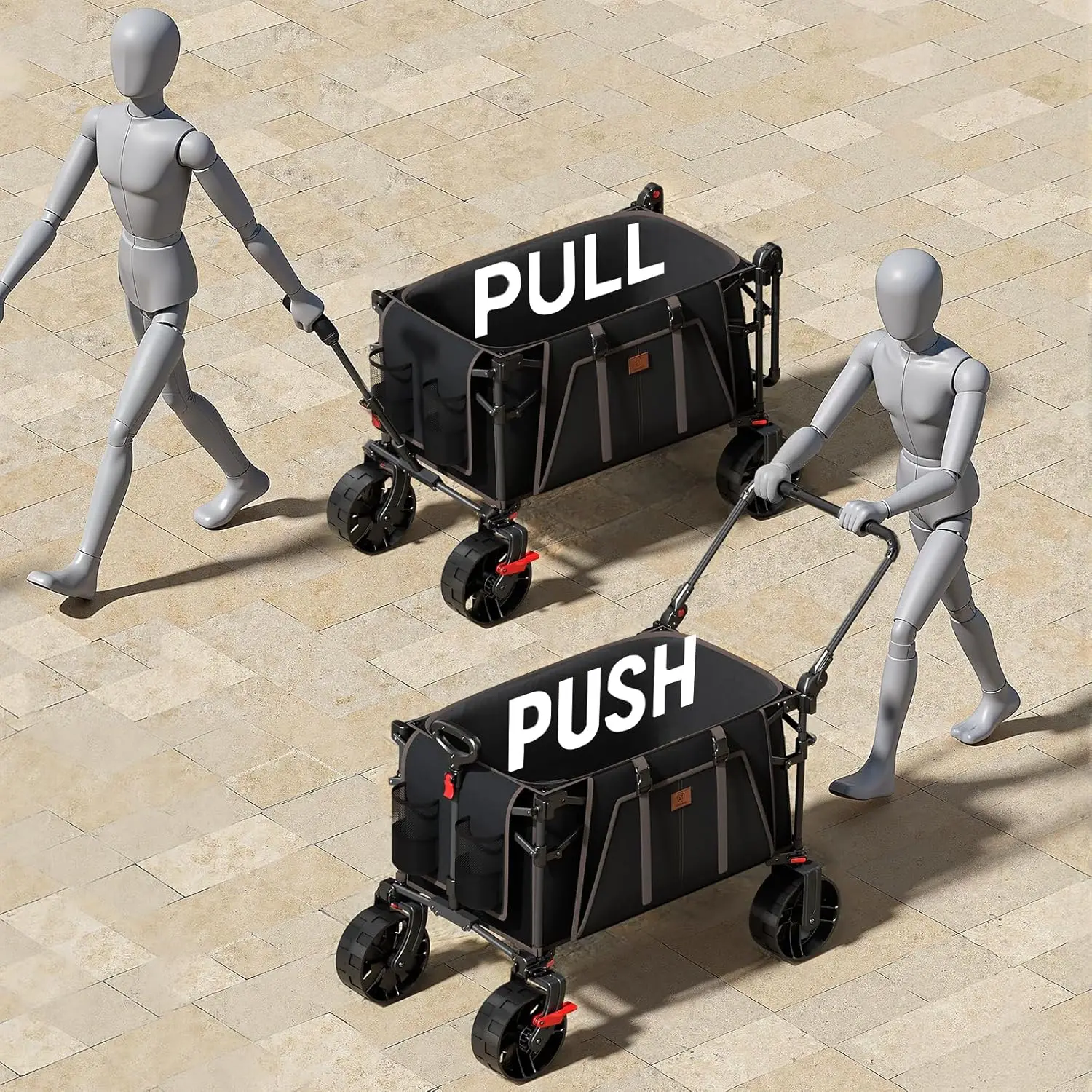 Portable Folding Push Wagon with Canopy and Brakes, All-Terrain Big Wheels, for Camping, Beach, Sports