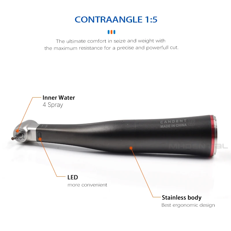 Dental 1:5 Speed Increase Handpiece Fiber Optic Contra Angle Inner Water Spray Red Ring Air Turbine Low Speed Handpiece