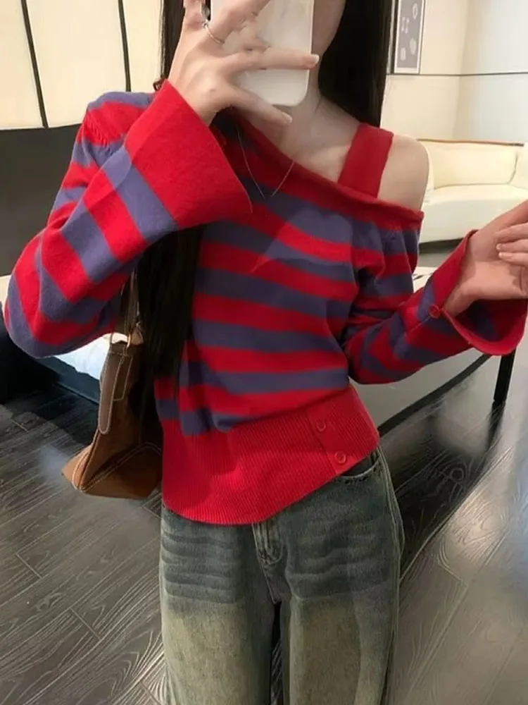 Off Shoulder Stripe Long Sleeve Sweater Women Autumn Contrast Color Slim Waist Knit Pullover Spicy Y2k Casual Jumper
