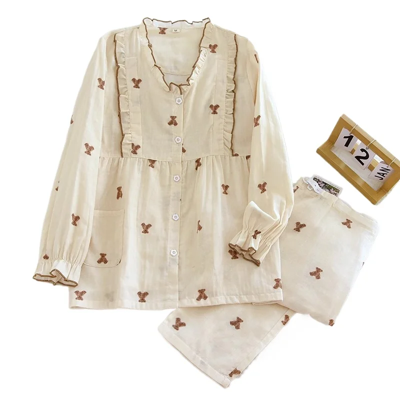Women Pajamas Plus Size Cotton Yarn Double-layer Gauze Confinement Clothes Spring Summer Thin Postpartum Breastfeeding Pregnant