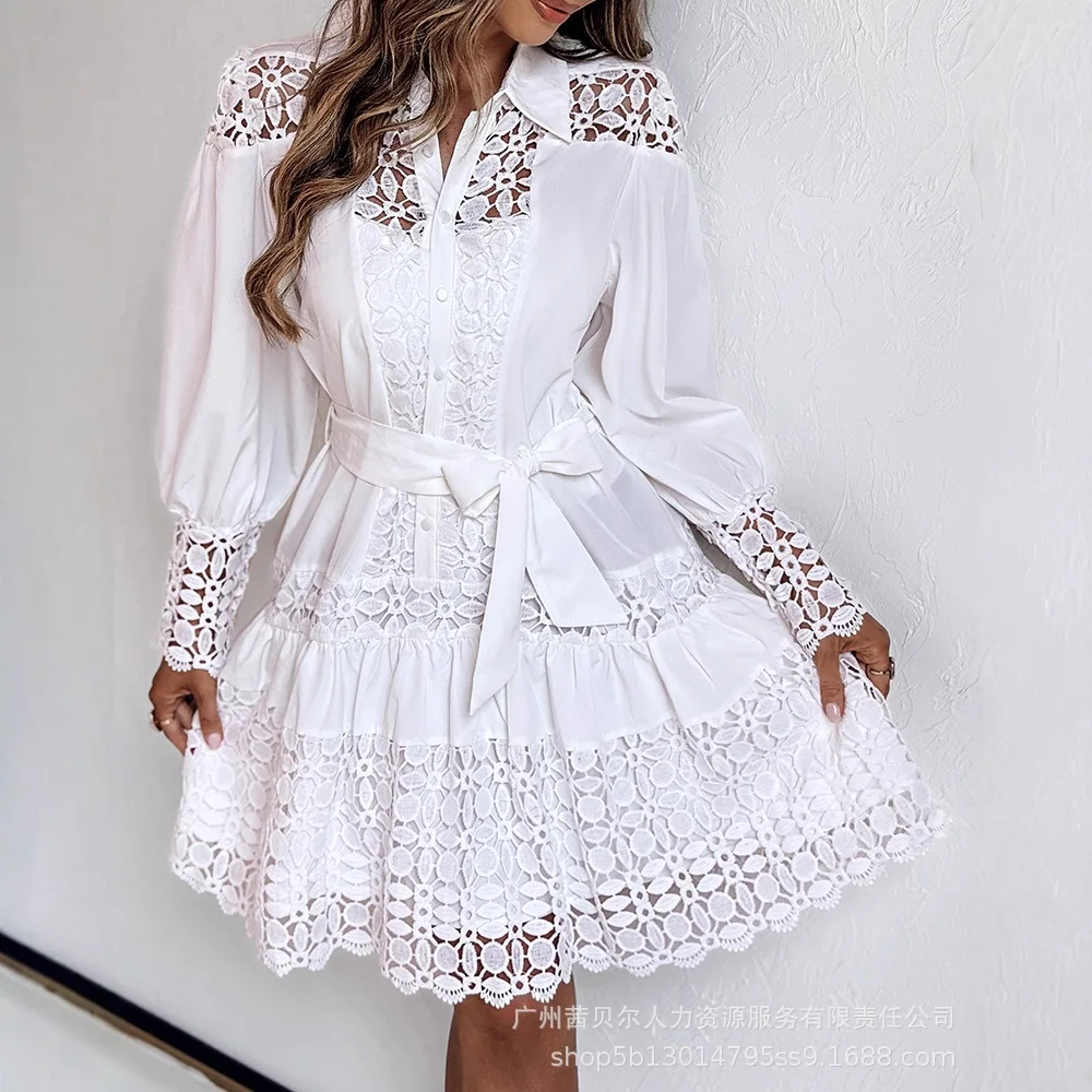 ชุดเดรสเชิ้ตลูกไม้ผู้หญิง แต่งแขนยาวผูกเอว ชุดเดรสเชิ้ตเซ็กซี่ แต่งผ้าลูกไม้โปร่ง สีพื้น ชุดลำลอง