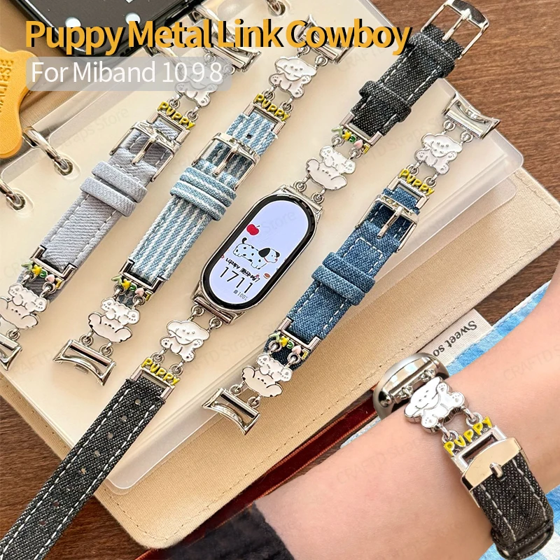 Fashion Dog Metal Chain Denim Leather Bracelet for Xiaomi Mi Band 10 9 8 Wristband for Mi Band 6 Strap 18 20 22mm Watch Strap