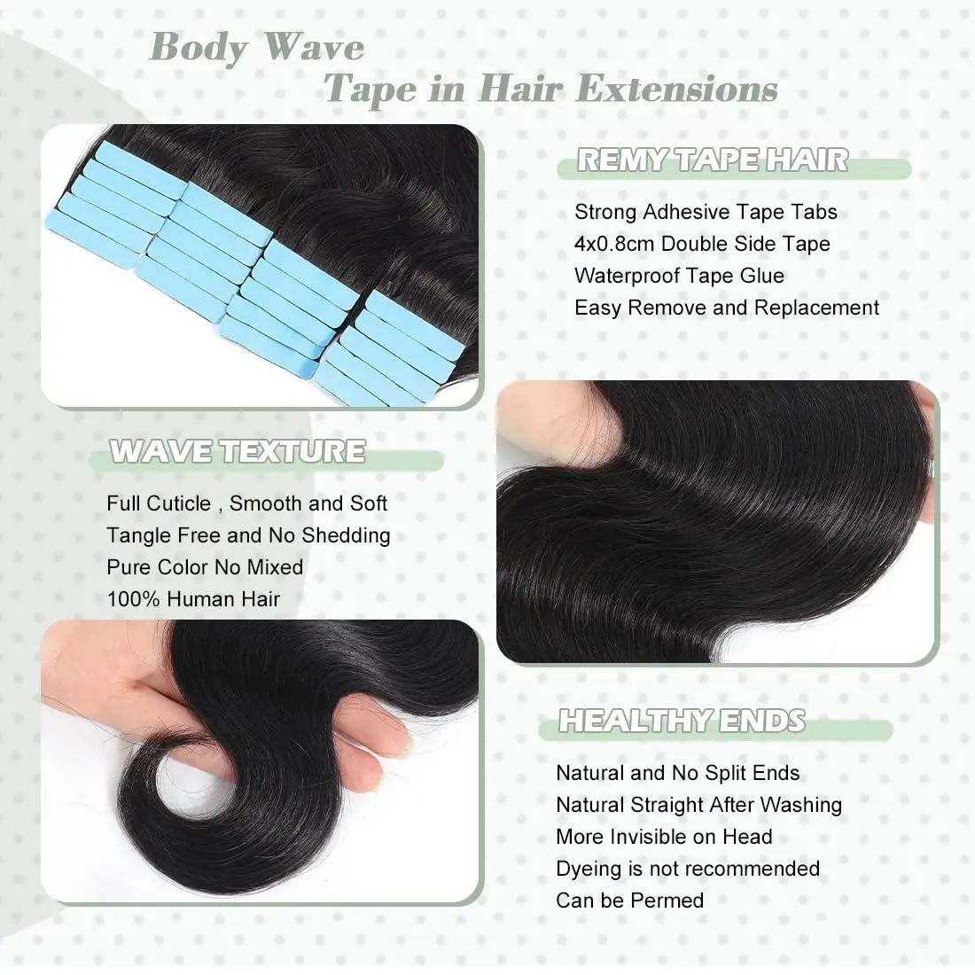 Extensões invisíveis do cabelo para mulheres, fita no cabelo humano, onda do corpo, cabelo humano real de 100%, preto natural, # 1B, Ins