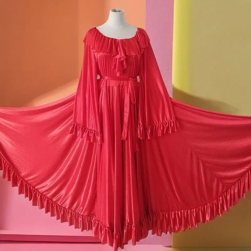 Glossy Red Women Ruffles Satin Long Sleeve Dress With Sash Loose Maxi Dress Plus Size Sleeping Robe