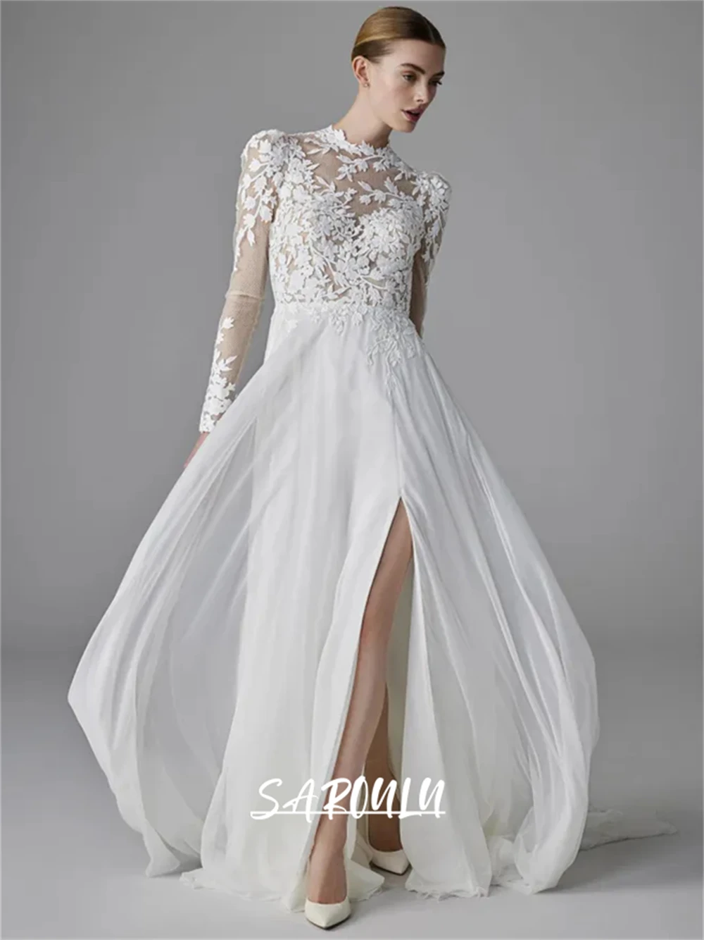 

Illusion Lace Bride Dress with Full Sleeves Flowy Women's Chiffon Wedding Dresses 2025 Customized Bridal Wedding Reception Gowns