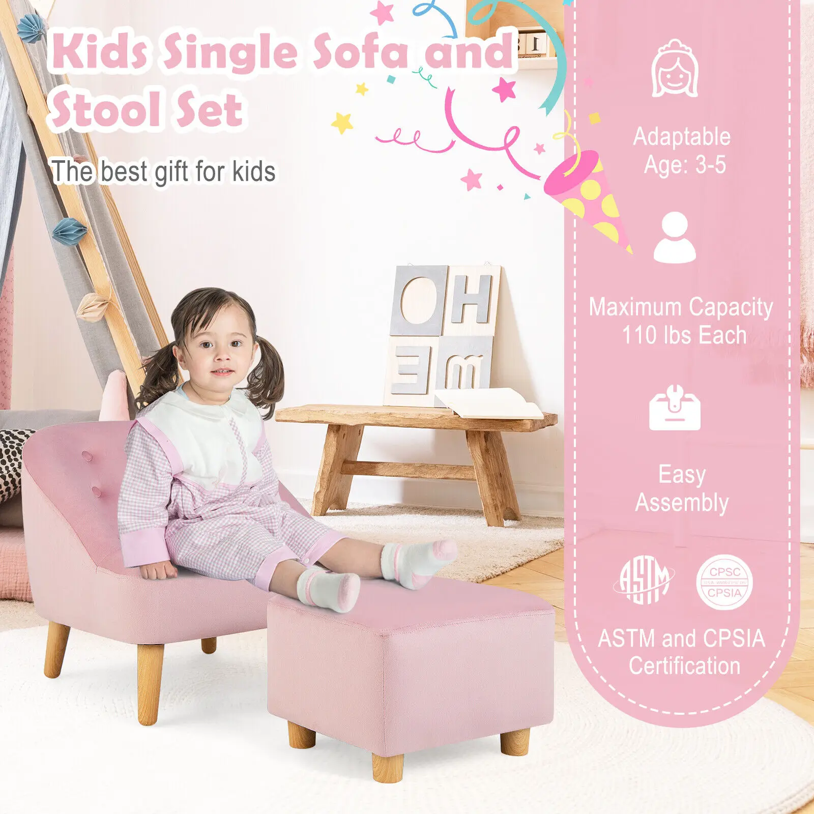 Costway – canapé rembourré en velours rose pour enfants, avec repose-pieds, canapé simple