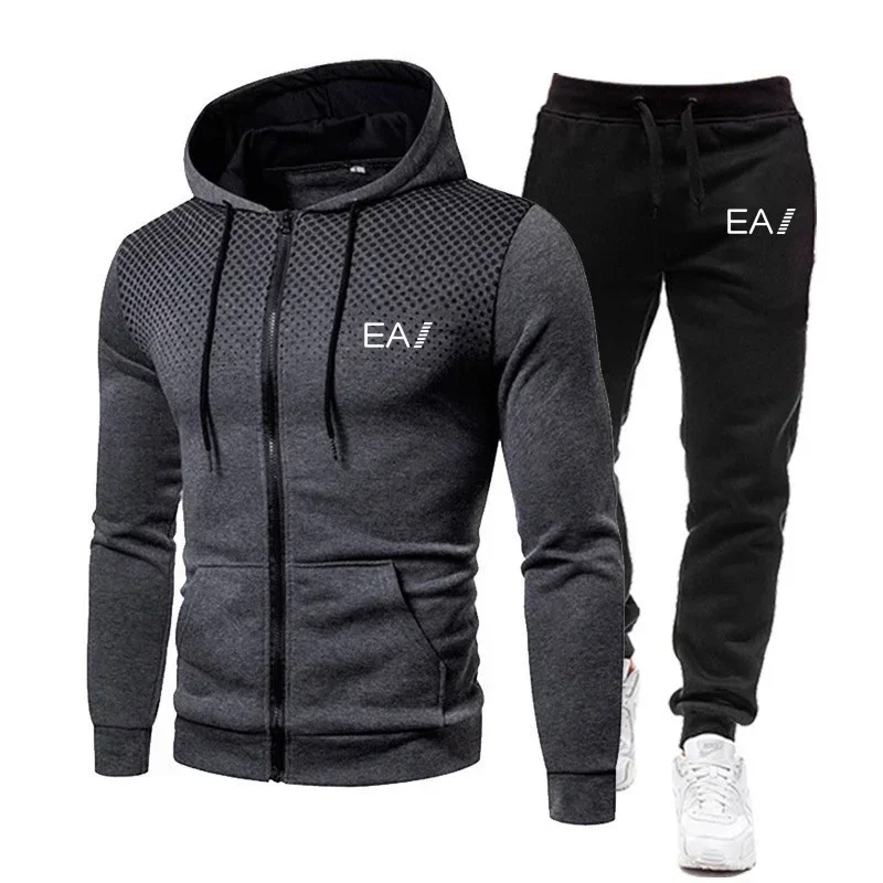 Men\'s clothing Autumn and winter fitness fashion outdoor leisure sportswear set zipper hoodie + jogging pants two-piece set