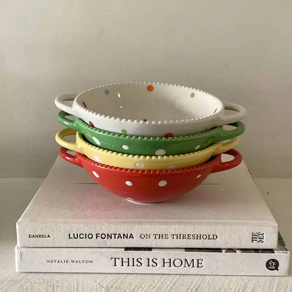 Creative Ceramic Bowl with Handles Korean Style Ins Bolka Dots Round Porcelain Food Container Breakfast Fruit Salad Bowls