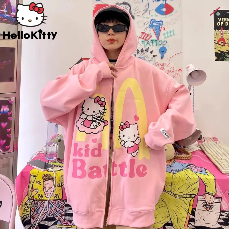 Sanrio Hello Kitty New Hoodie American Streetwear Couple Loose Cardigan Coat Y2k Women Trend Sweatshirt Preppy Casual Clothing