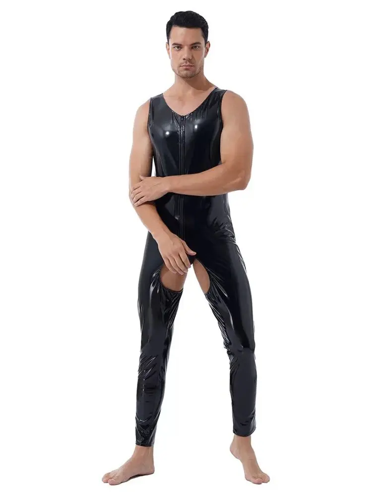 Unisex Sleeveless Wet Look PVC Catsuit Shiny PU Leather Crotchless Open Crotch Bodysuit Tights Sexy Cosplay Leotard Unitard Body