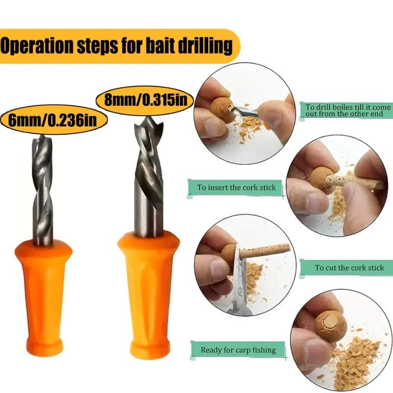 1 Stück Hochsichtbares Orange-Bohrset für Karpfenangeln |   6mm (0,24 Zoll)/8mm (0,31 Zoll) Bits mit Sicherheits-Holzgriff, 2 Größen im Set