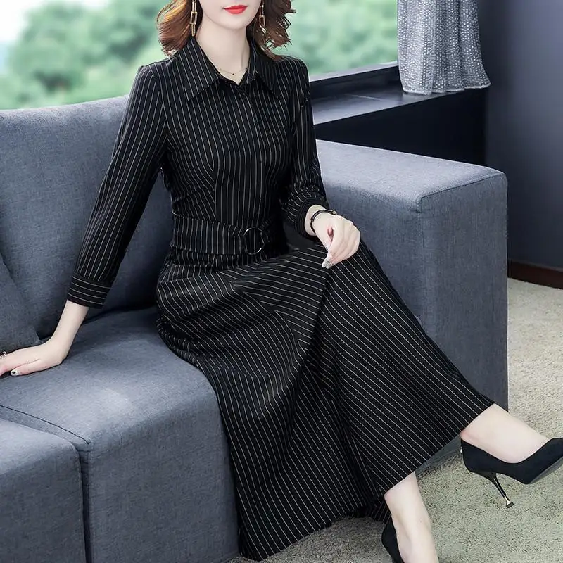 Turn-down Collar Fashion New Long Sleeved Belt Striped Autumn Winter Dress Women's Clothing 2022 Pullover Empire Office Lady