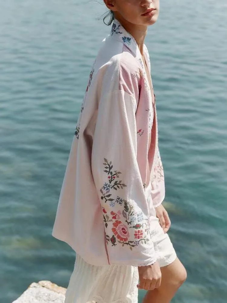 2025년 가을 신상 여성 패션 다용도 슬림핏 긴팔 면 플로럴 자수 롱 셔츠 우아한 품질