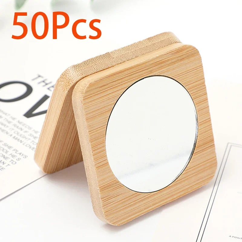 50Pcs Bamboo Small Hand Pocket Makeup Mirror Dia 7.2cm Portable Round Mini Beauty Cosmetic Frame Mirror