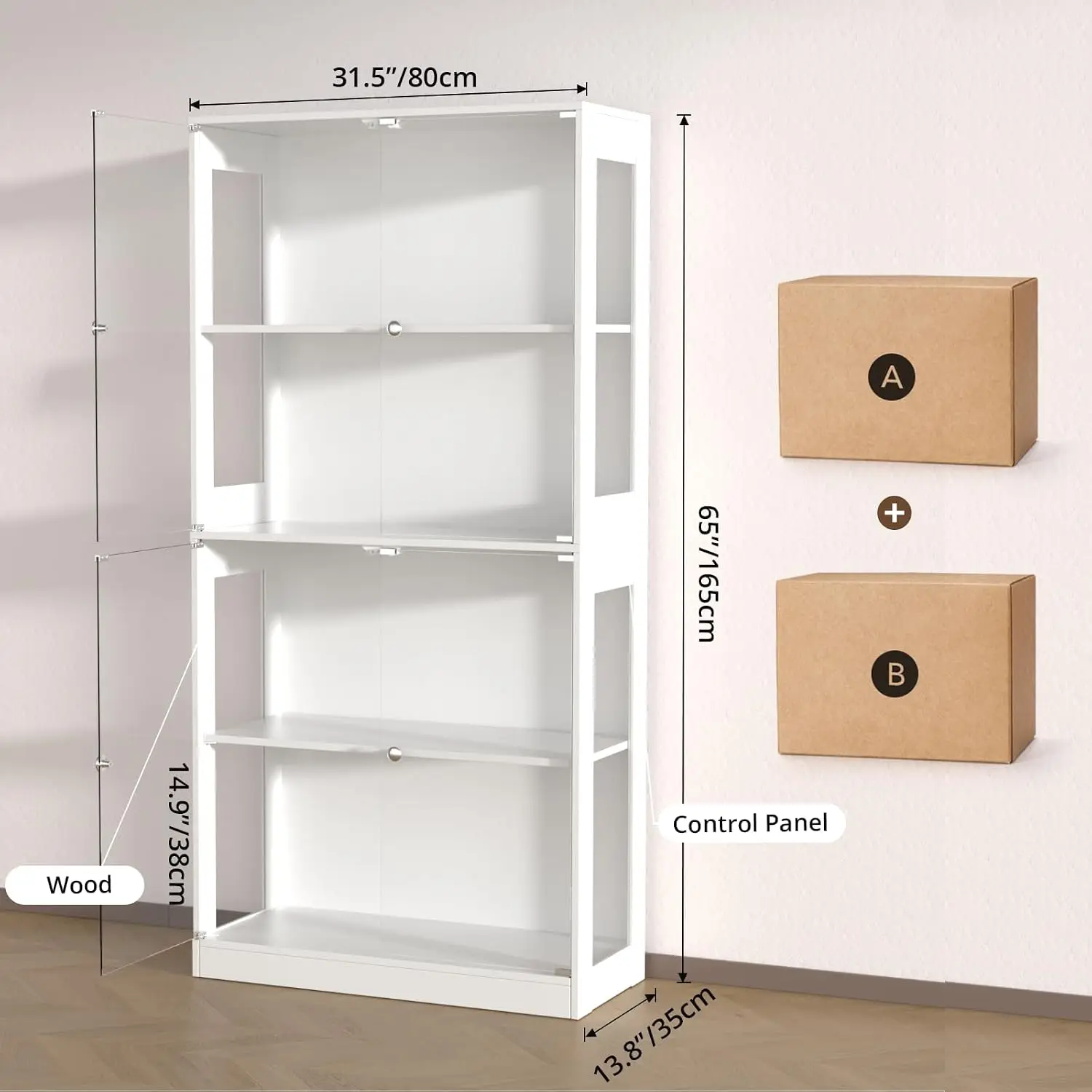 65'' Display Cabinet with Glass Door 4-Tier Display Case | Human Body Sensor, 3 Color LED Lighting, Curio Cabinet