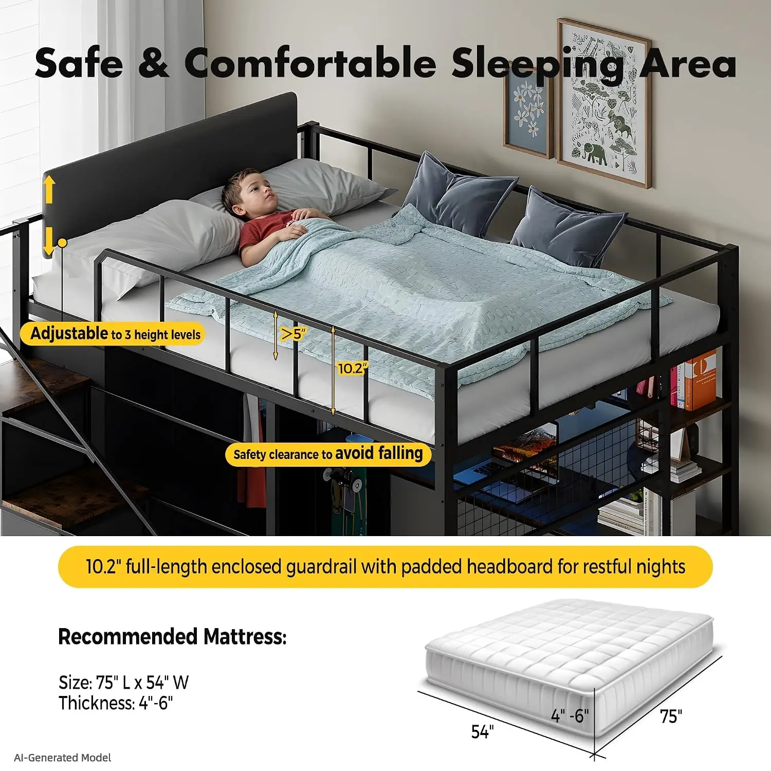 Full Size Loft Bed With Desk, Stairs, LED Light, Metal Frame, Guardrails, Charging Station, Closet, Drawers, Customized