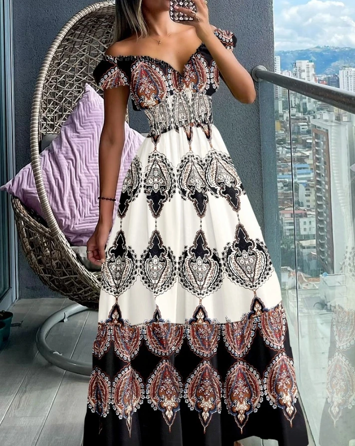 

Long Skirt for Women 2024 Summer Elegant Short Sleeve Baroque Print Shirred Off Shoulder Vacation Party Banquet A Line Dress