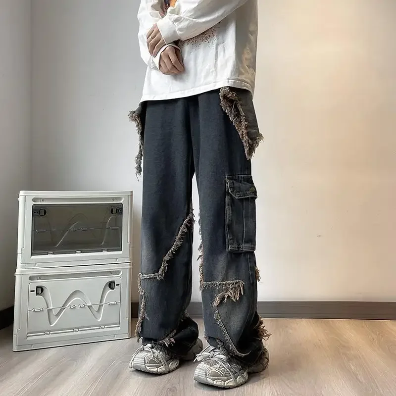 

With Pockets Men's Jeans Y2k Vintage Original Trousers Aesthetic Designer 90s Streetwear Korean Style Cotton Male Cowboy Pants