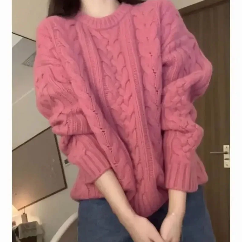 

Корейский витой свитер в стиле ретро, женский свободный ленивый стиль, маленький трикотаж для аудитории, утолщенный пуловер с круглым вырезом, зимний топ