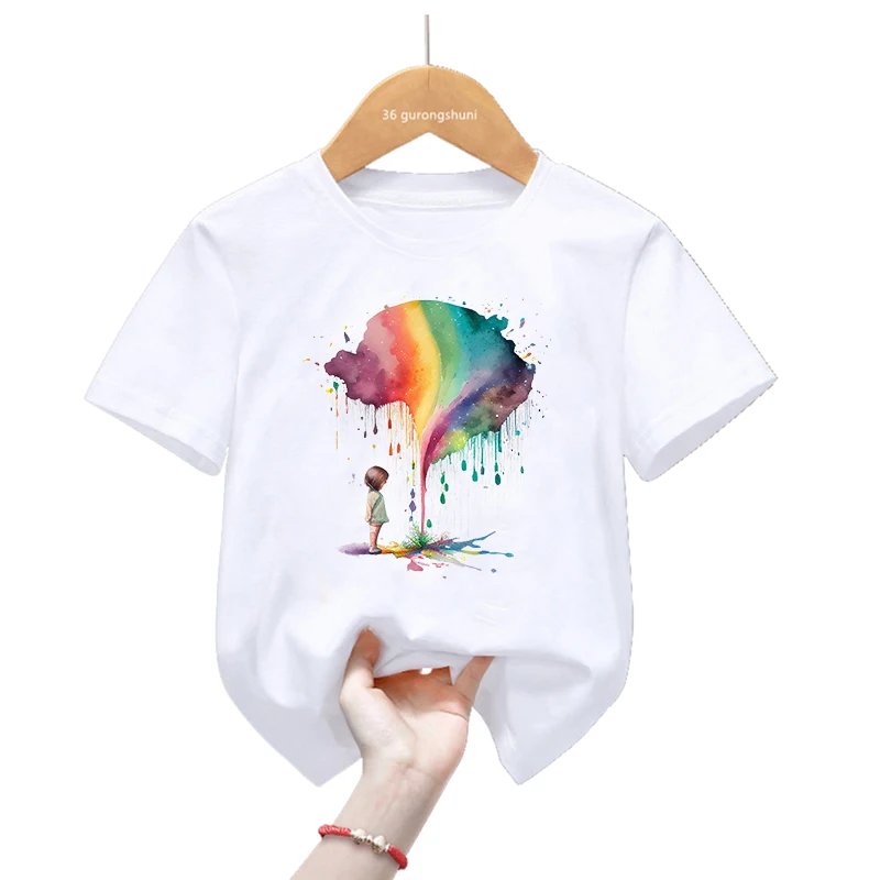 2024 Hot Sale Rainbow Girls Print T Shirt Funny Watercolor Kids Clothes Harajuku Kawaii Children'S Clothing Summer Tops Tee