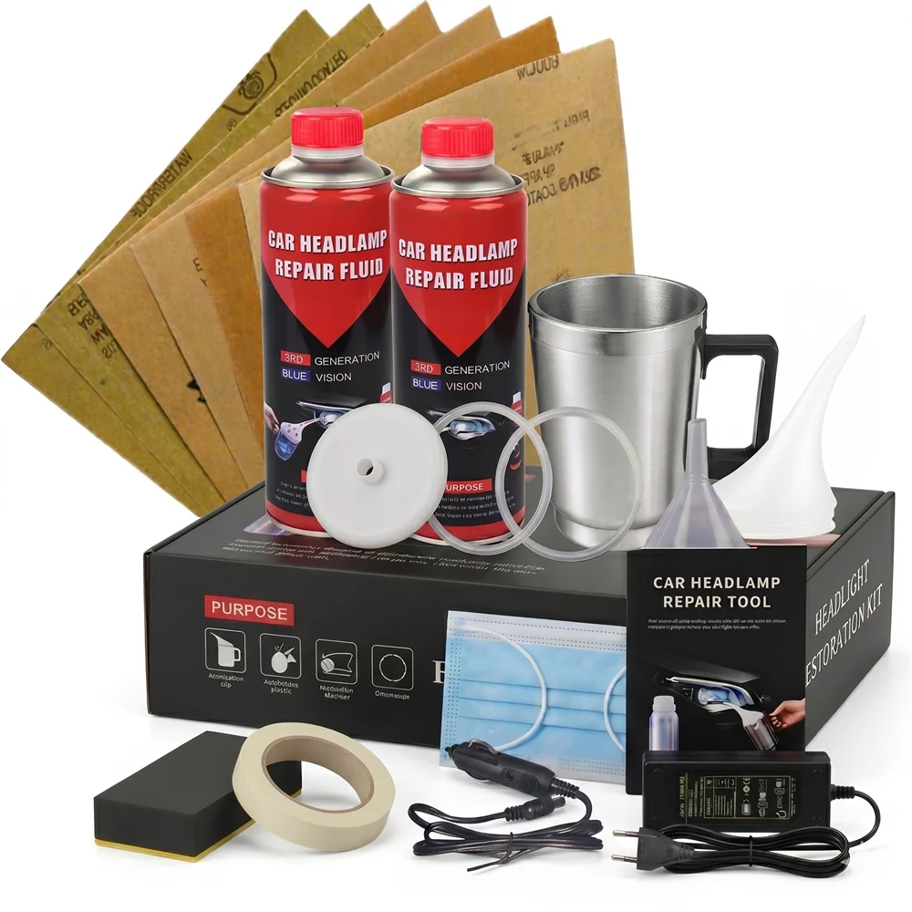 Kit de préparation et de restauration de phares avec 2 flacons de 800 ml de revêtement polymère liquide, kit de nettoyage à vapeur pour phares avec gobelet atomiseur