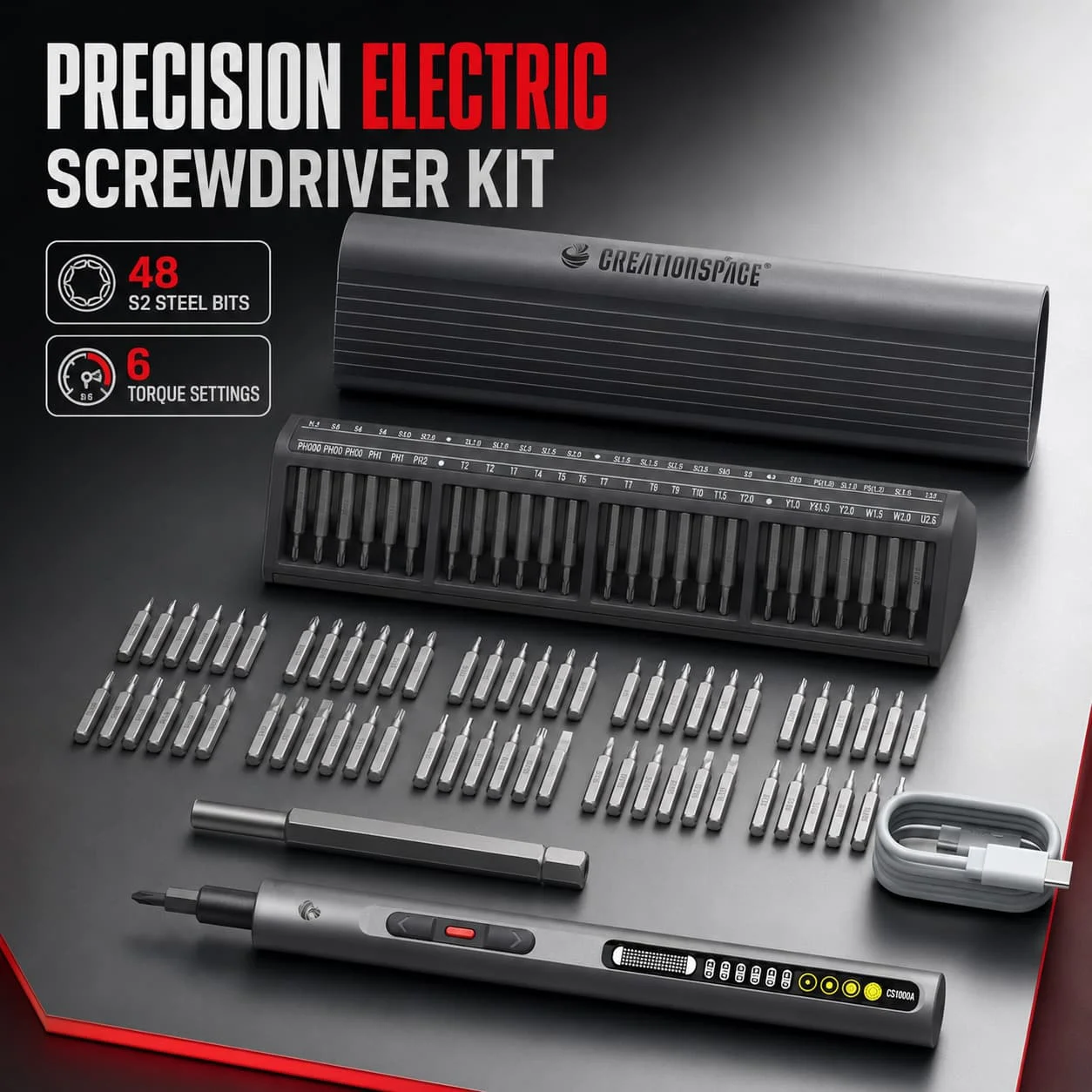 CreationSpace 48-in-1 Precision Electric Screwdriver Set, 6 Torque Levels, 500mAh USB-C, S2 Bits for Electronics