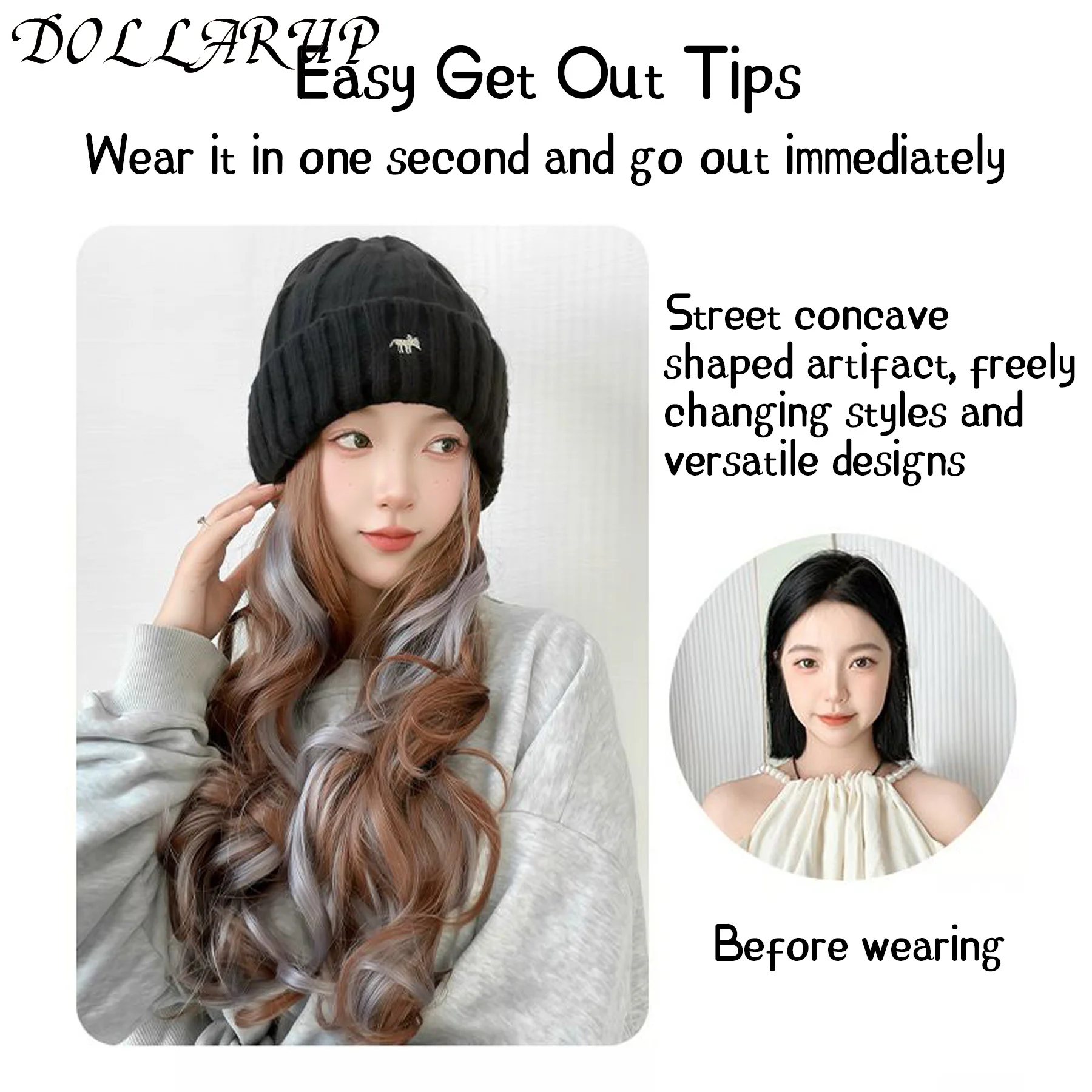 Synthetic Hat Wig Beanies Hat With Hair Wigs For Women Long Wavy Hair Warm Soft Ski Knitted Autumn Winter Cap Heat Resistant