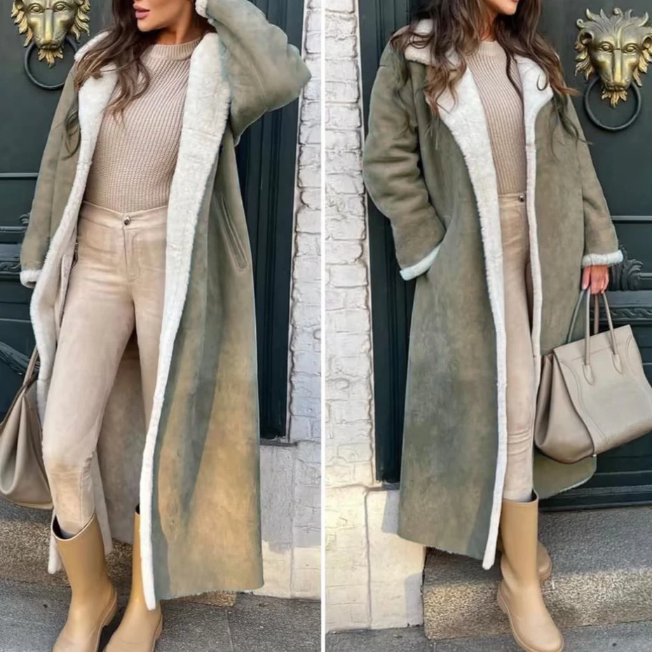 Lamb Wool Coat Women Long Coats Turn Down Collar Full Sleeve Warm Thick Maxi Mom Y2k Elegant Splice Jackets Autumn Winter