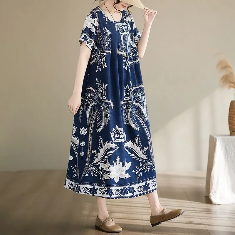 Women Blue Floral Linen Maxi All-match Vintage Short Sleeve Loose Casual Summer Fashion Dress