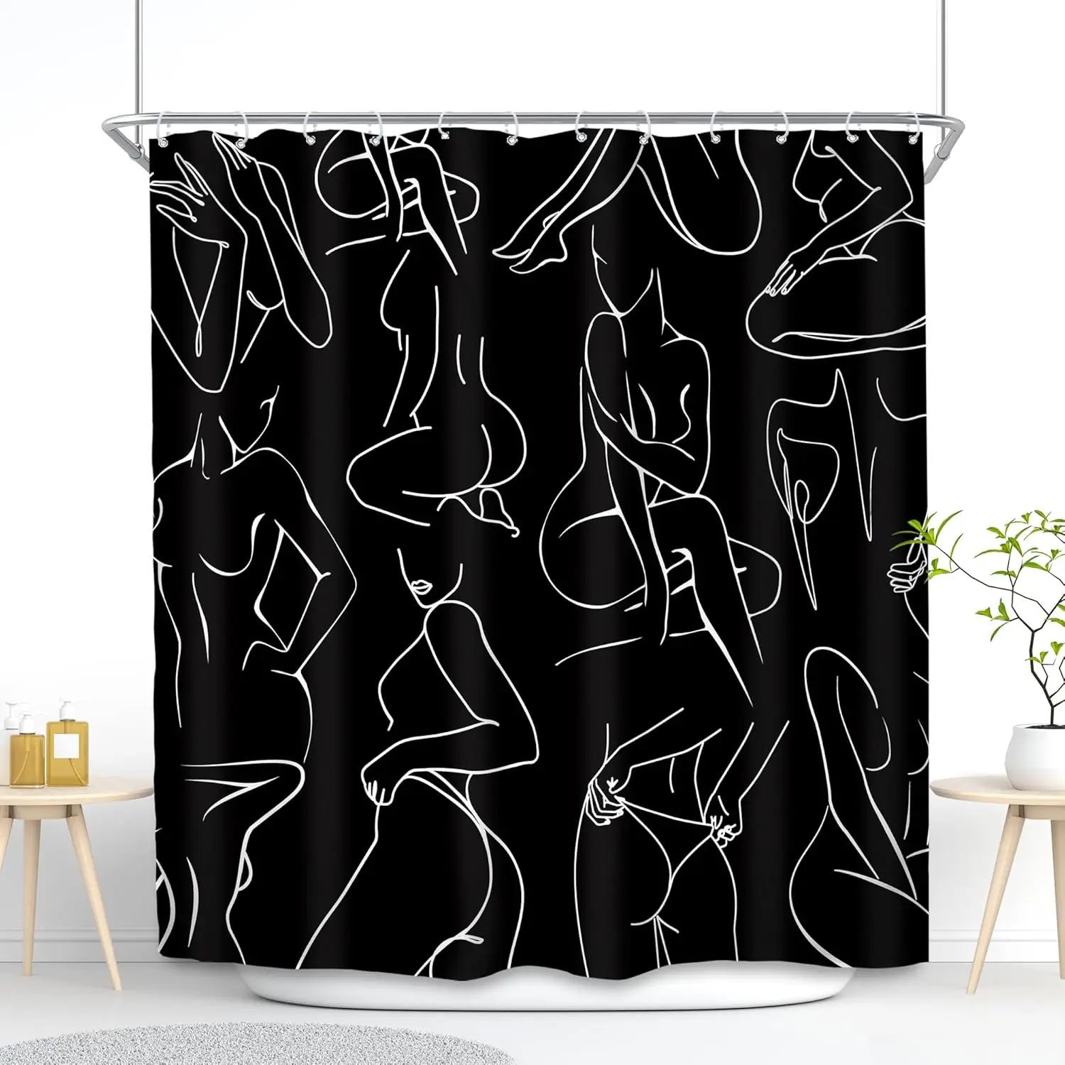 Art Body Shower Curtain 72Wx72L Inch Cute Modern Abstract Women Minimalist Line Art Ladies Sketch 12 Pack Hooks