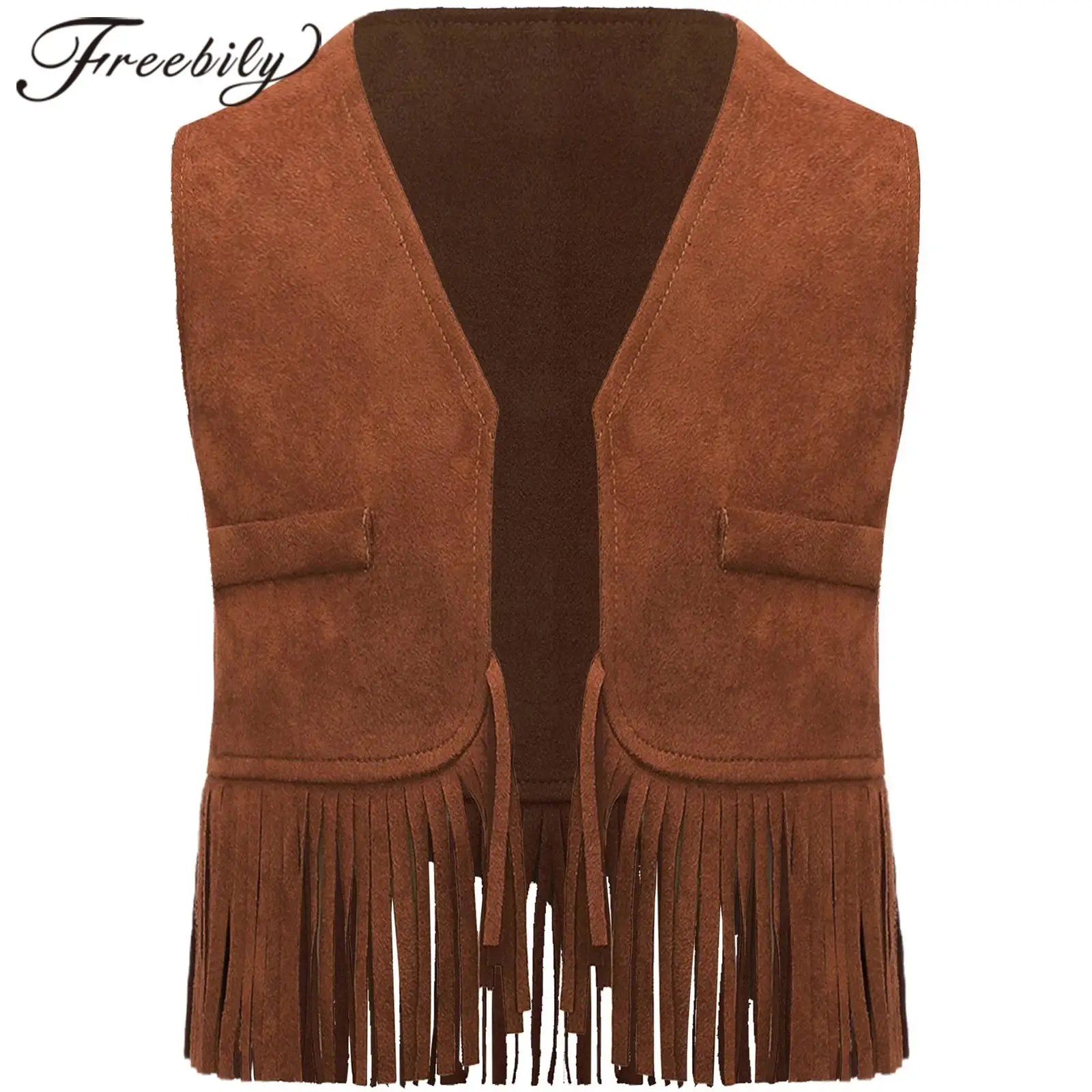 Girls Faux Suede Tassel Vest Cosplay Western Cowgirls Fringe Waistcoats Performance Tank Top Children Hippie Sleeveless Jacket