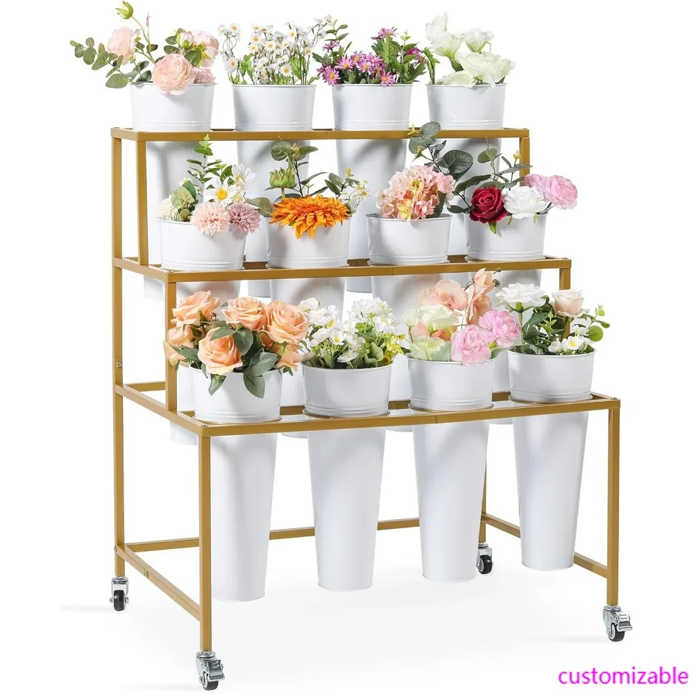 عربة زهور معدنية ثلاثية الطبقات مع 360 درجة ° عجلات دوارة وفرامل، دلو حديدي متضمن لعرض الزهور #1