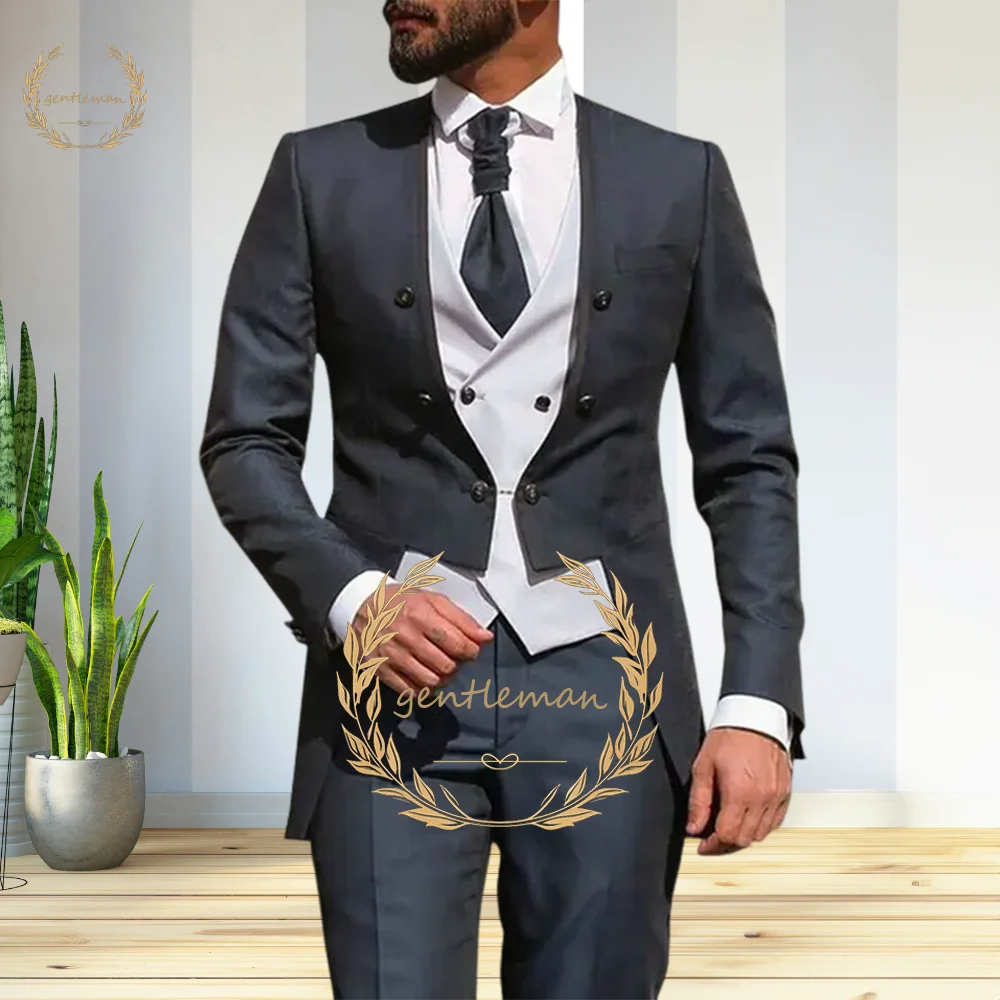 Men's Three-Piece Suit, Double-Breasted, Long Coat, Vest, Trousers, Custom, Wedding, Celebration, Party, Cocktail