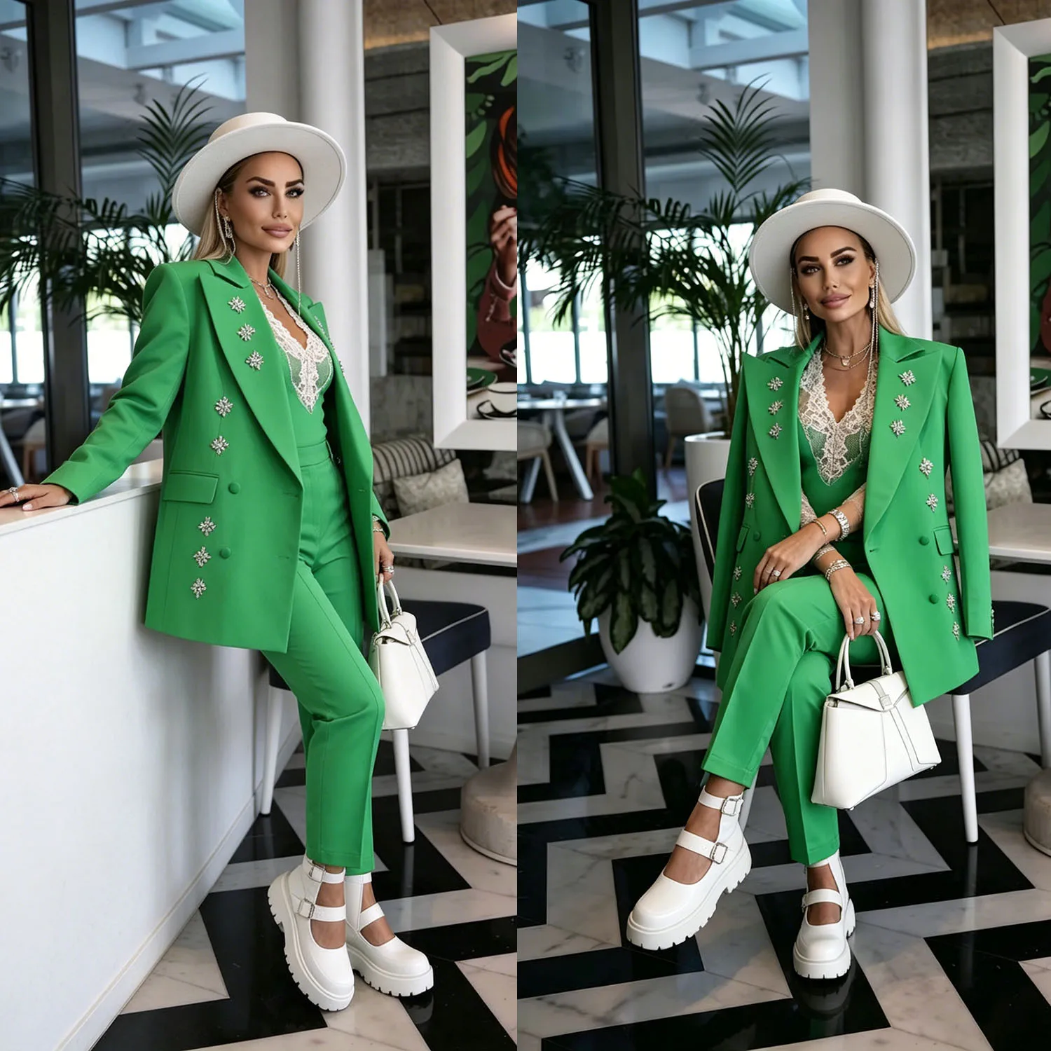 Vintage Crystal Oversize Women Blazer Suits Double Breasted 2 Pieces Customized Wedding Guest Mother Party Show Outfit