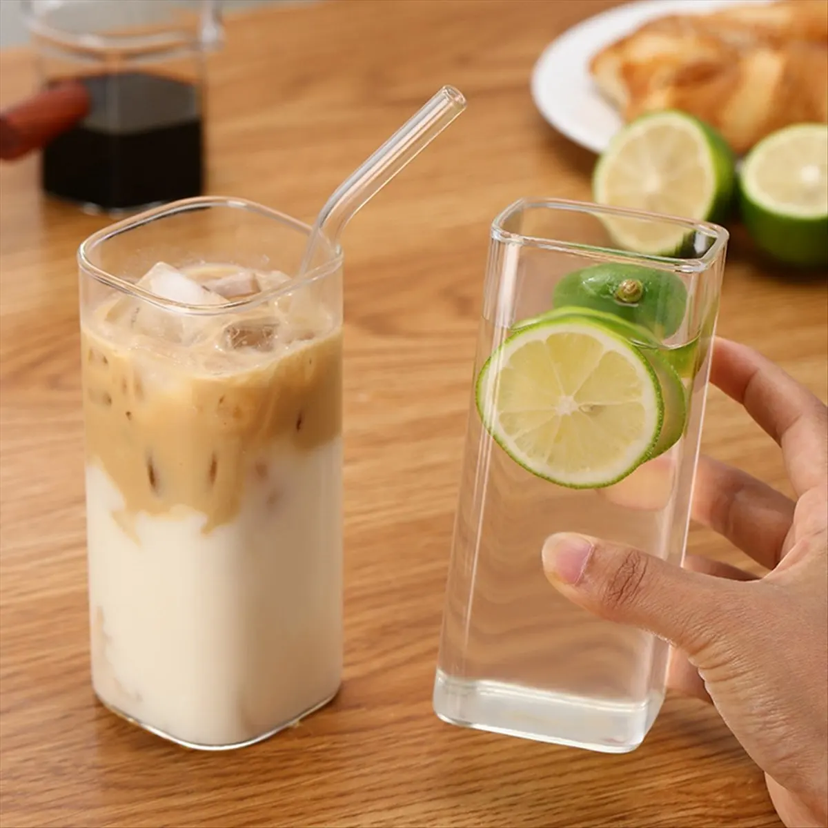 A93G Square Heat Resistant Coffee Glass Cup with Lid and Straw Transparent Milk Tea Juice Cups Coffee Mug for Drinkware