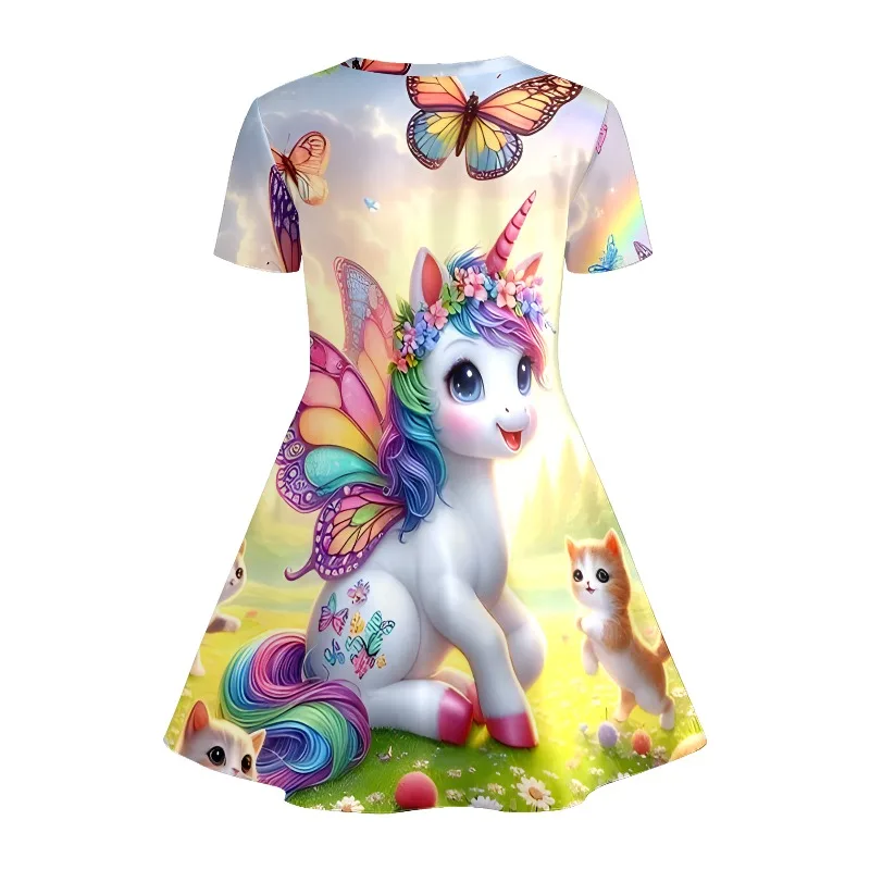 Mädchen-T-Shirt-Kleid mit Regenbogen-Einhorn- und Kätzchen-Print, Schmetterlingsgarten-Freizeitkleid für Kinder, geeignet für Geburtstagsgeschenke – Detail 4