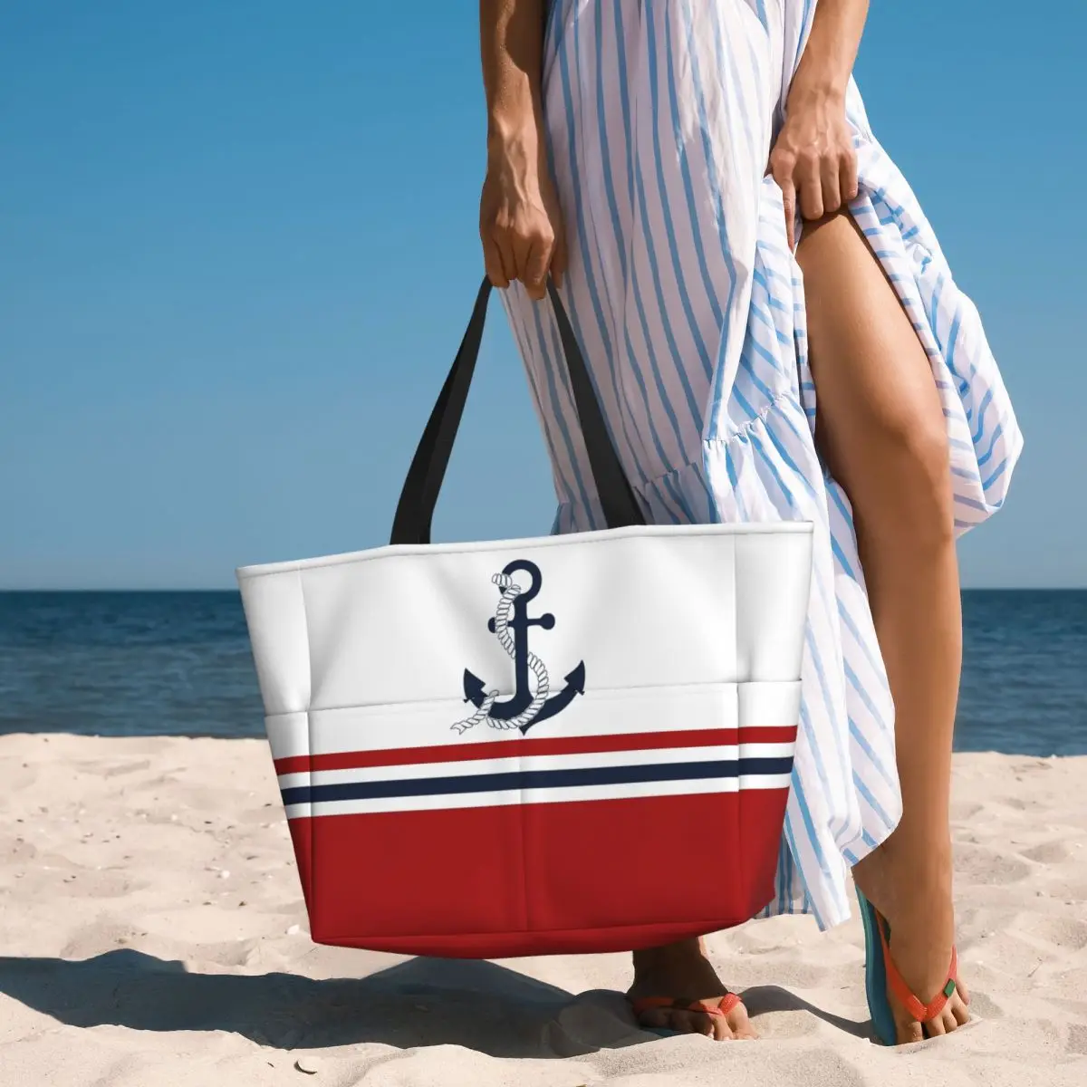 Custom Nautical Blue Anchors Stripes Beach Tote Bag for Women Sailing Sailor Big Compartment Gym Beach Travel Bags image 6