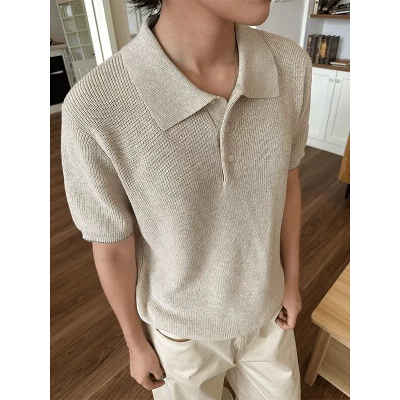 

2025 Summer Solid Color Knit Polo Shirt Men's Short Sleeve Lapel Collar Breathable Tee Lightweight & Stretch Fit Streetwear Top