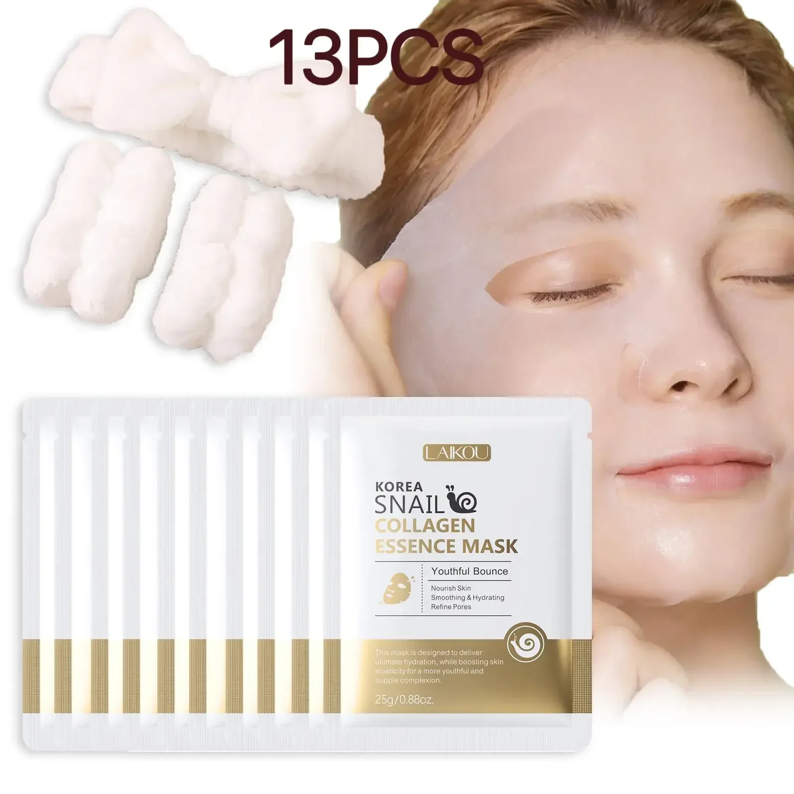 

Набор масок для лица LAIKOU с протеинами улитки, 13 шт., с повязкой на голову, увлажняющий, для ежедневного ухода за кожей, дорожный набор, антивозрастной эффект