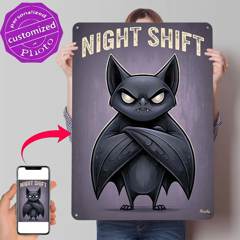 Night Shift – Angry Bat Funny Cartoon Tinplate Poster Customized Wall Art Retro Vintage Metal Signs for Fans Decoration Room
